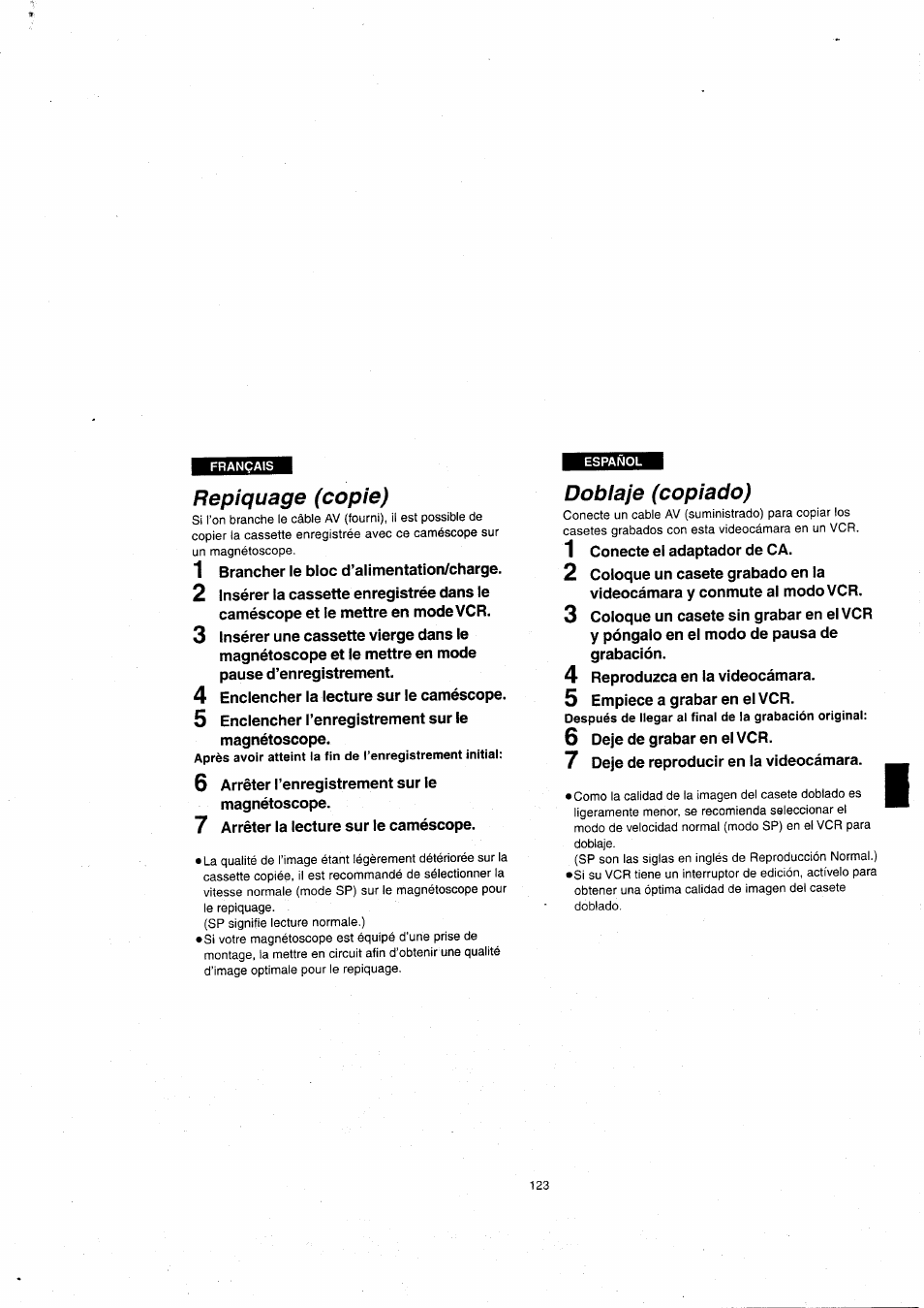 Repiquage (copie), Dobiaje (copiado), Doblaje (copiado) | Panasonic NVVX22EG User Manual | Page 123 / 154