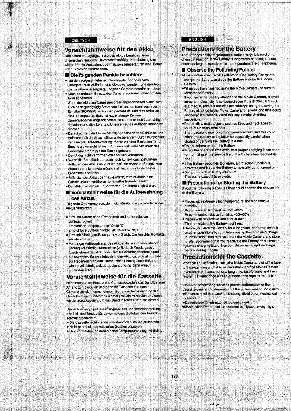 Vorsichtshihweise für den akku, Vorsichtshinweise für die cassette, Precautions for the battery | Precautions for the cassette, Die folgenden punkte beachten, Observe the following points, Precautions for storing the battery | Panasonic NVVX22EG User Manual | Page 126 / 154