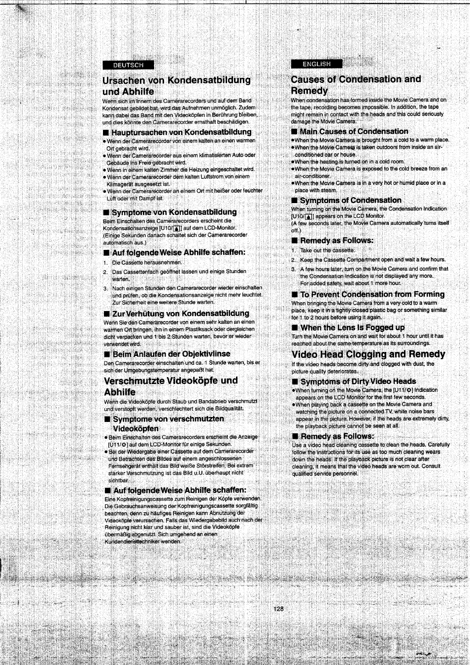 Ursachen von kondensatbildung und abhilfe, Verschmutzte videoköpfe und abhilfe, Causes of condensation and remedy | Video head clogging and remedy, Hauptursachen von kondensatbildung, Symptome von kondensatbildung, Auf folgende weise abhilfe schaffen, Zur verhütung von kondensatbildung, Beim anlaufen der objektivlinse, Symptome von verschmutzten videoköpfen | Panasonic NVVX22EG User Manual | Page 128 / 154