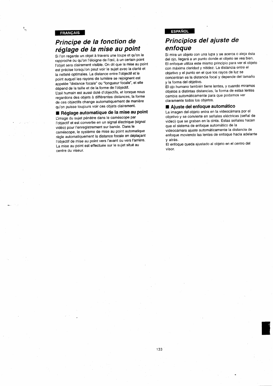 Réglage automatique de la mise au point, Principios del ajuste de enfoque, Ajuste del enfoque automático | Panasonic NVVX22EG User Manual | Page 133 / 154