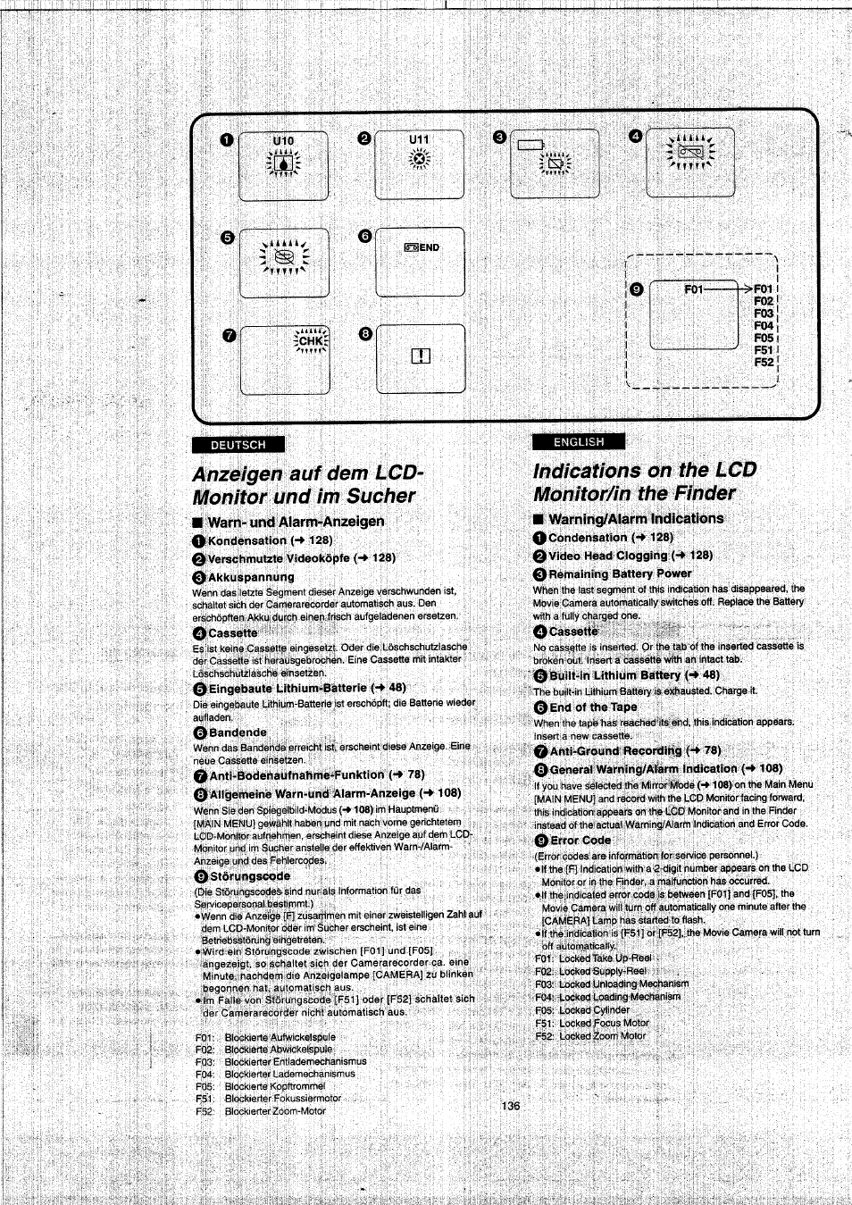 Anzeigen auf dem lcd- monitor und im sucher, Indications on the lcd monitor/in the finder | Panasonic NVVX22EG User Manual | Page 136 / 154