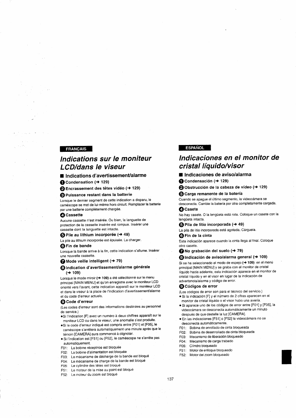 Indications sur le moniteur lcd/dans le viseur, Indications d’avertissement/alarme, Indicaciones de aviso/afarma | Panasonic NVVX22EG User Manual | Page 137 / 154