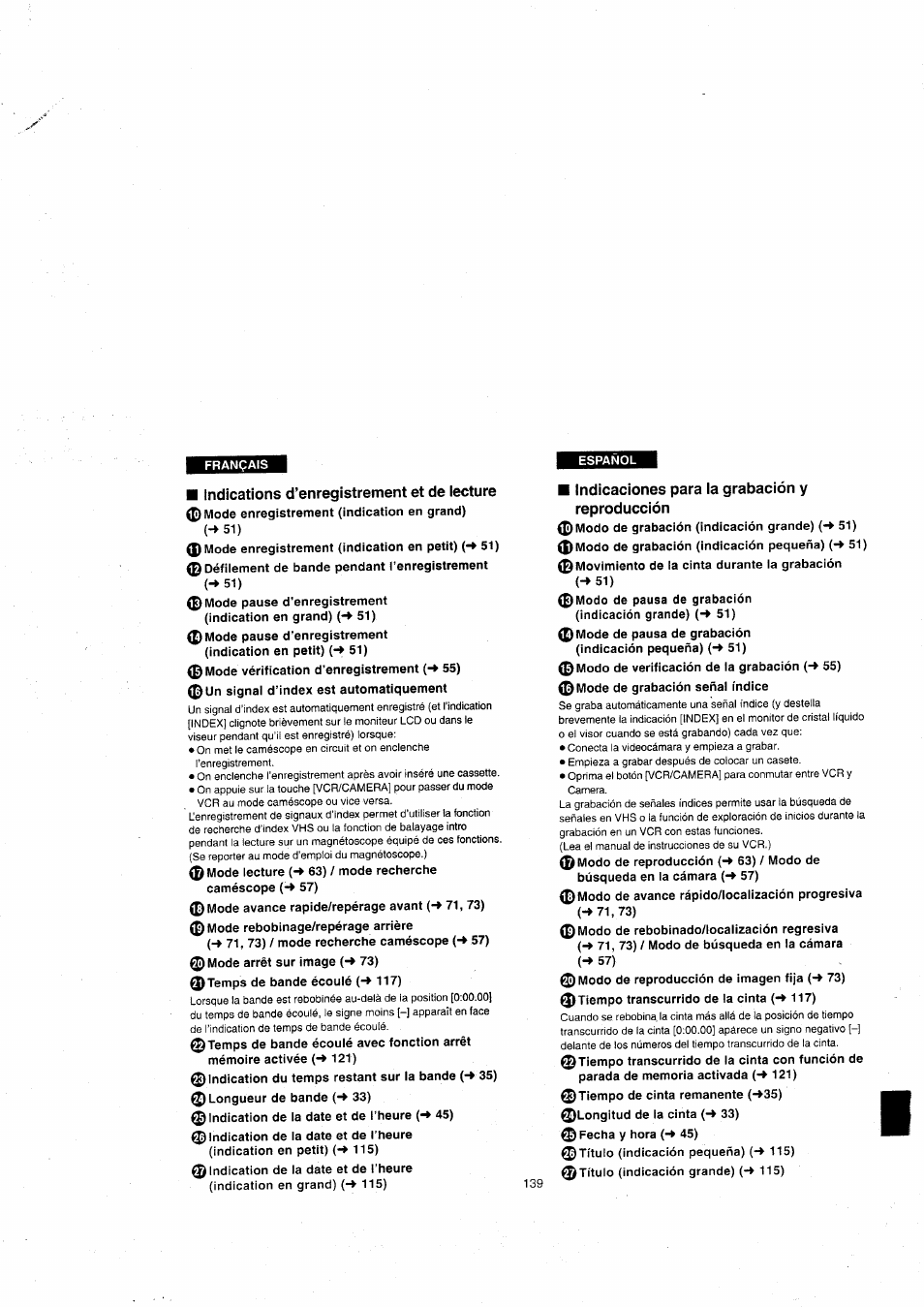 Indications d’enregistrement et de iecture, Indicaciones para ia grabación y reproducción | Panasonic NVVX22EG User Manual | Page 139 / 154