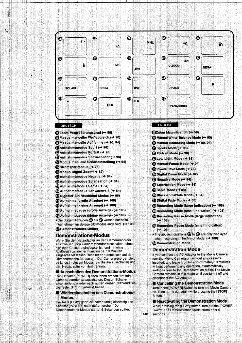 Demonstrations-modus, Ausschalten des demonstrations-modus, Wiedereinschalten des demonstrations- modus | Demonstration mode, Cancelling the demonstration mode, Reactivating the demonstration mode | Panasonic NVVX22EG User Manual | Page 140 / 154