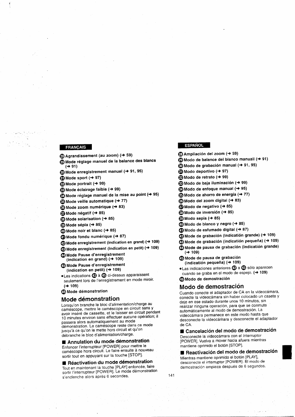 Mode démonstration, Annulation du mode démonstration, Réactivation du mode démonstration | Modo de demostración, Cancelación del modo de demostración, Reactivación del modo de demostración | Panasonic NVVX22EG User Manual | Page 141 / 154