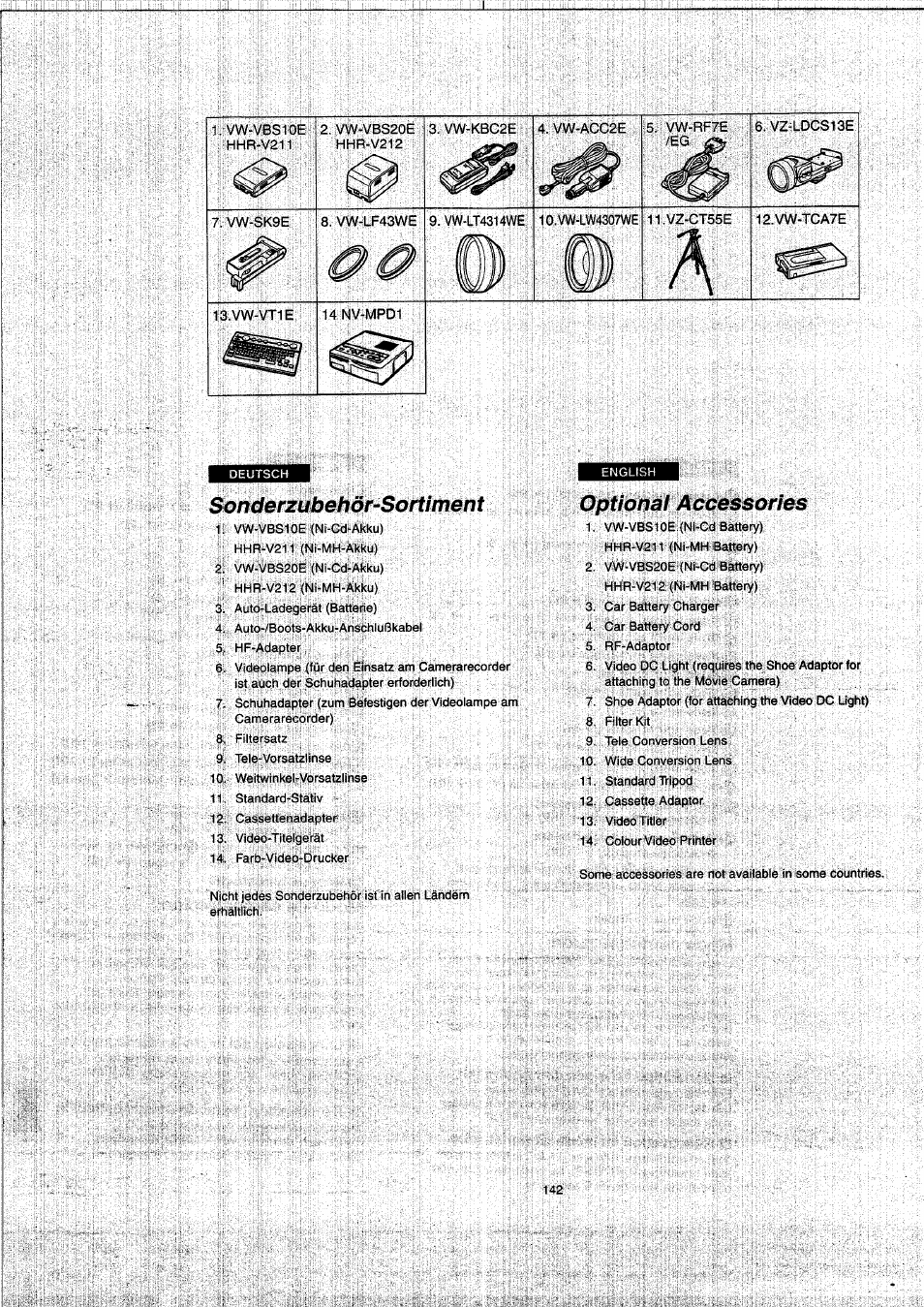 Sonderzubehör-sortiment, Sonderzubehör-sortiment optional accessories | Panasonic NVVX22EG User Manual | Page 142 / 154