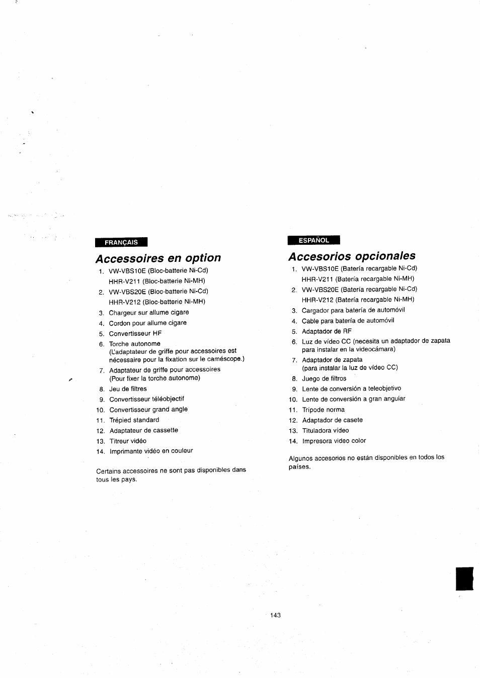 Accessoires en option, Accesorios opcionaies, Accesorios opcionales | Panasonic NVVX22EG User Manual | Page 143 / 154