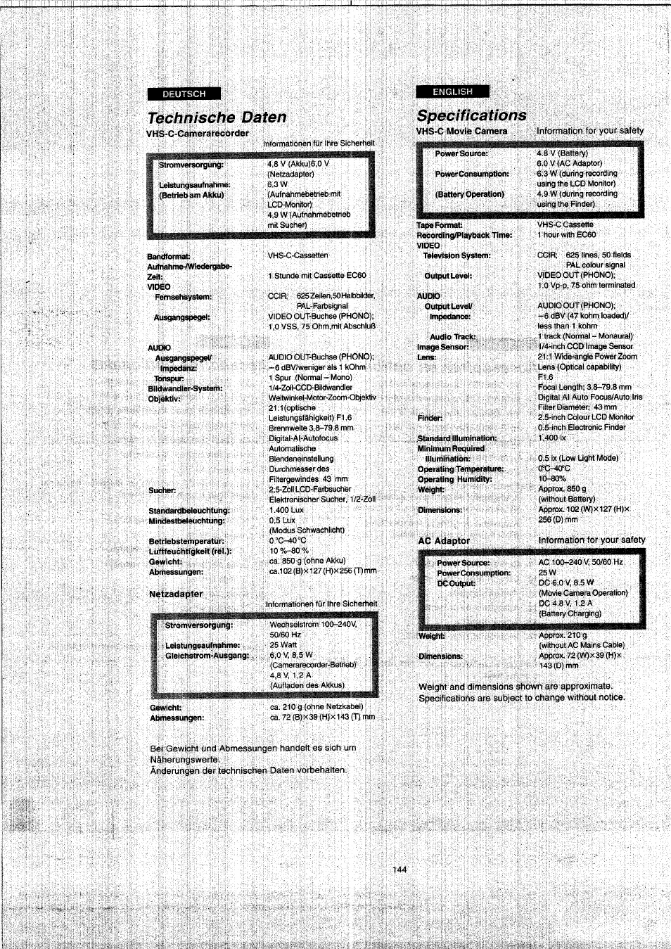 Technische daten, Netzadapter, Specifications | 6,3 w | Panasonic NVVX22EG User Manual | Page 144 / 154