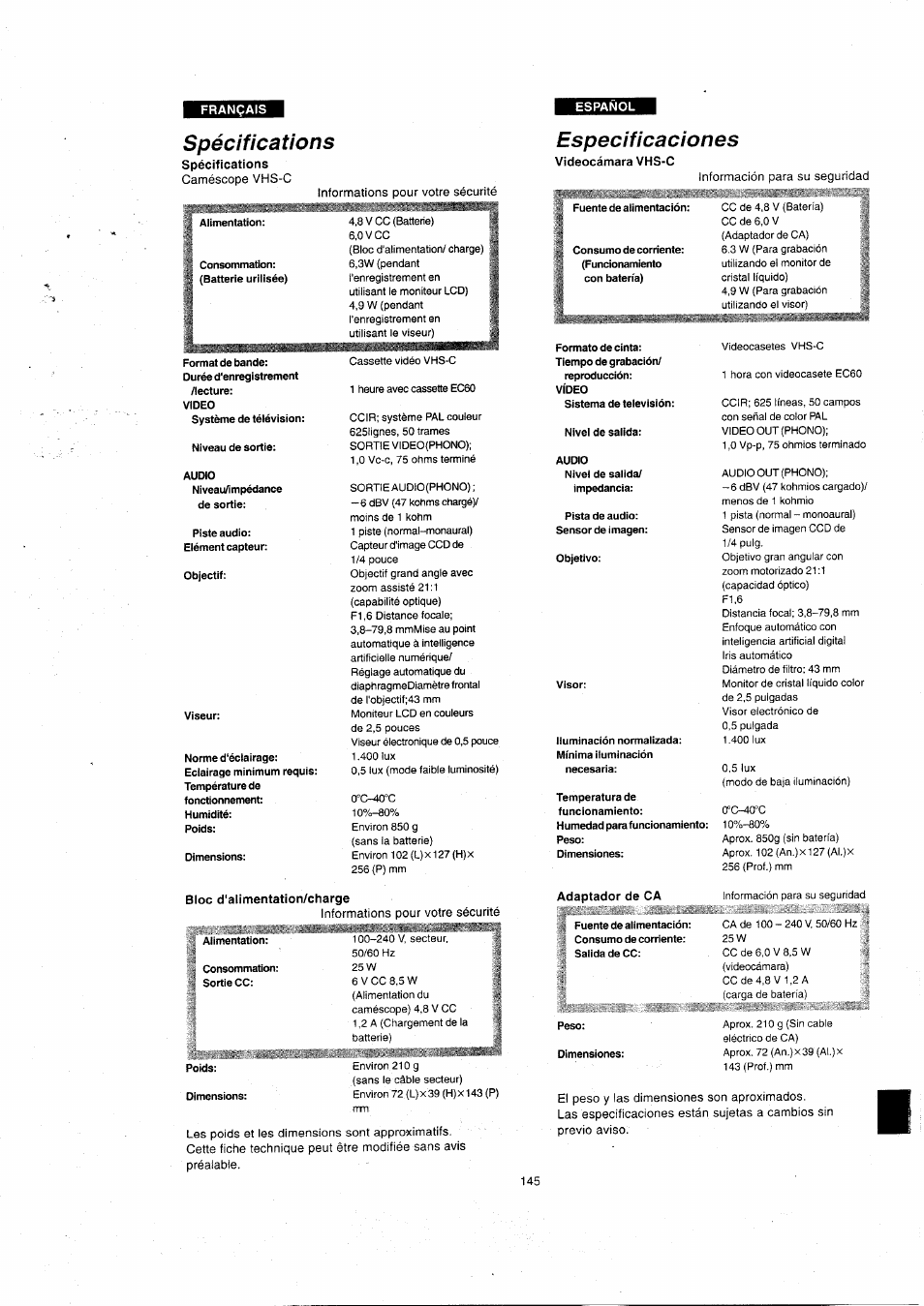 Spécifications, Especificaciones, Spécifications especificaciones | Panasonic NVVX22EG User Manual | Page 145 / 154