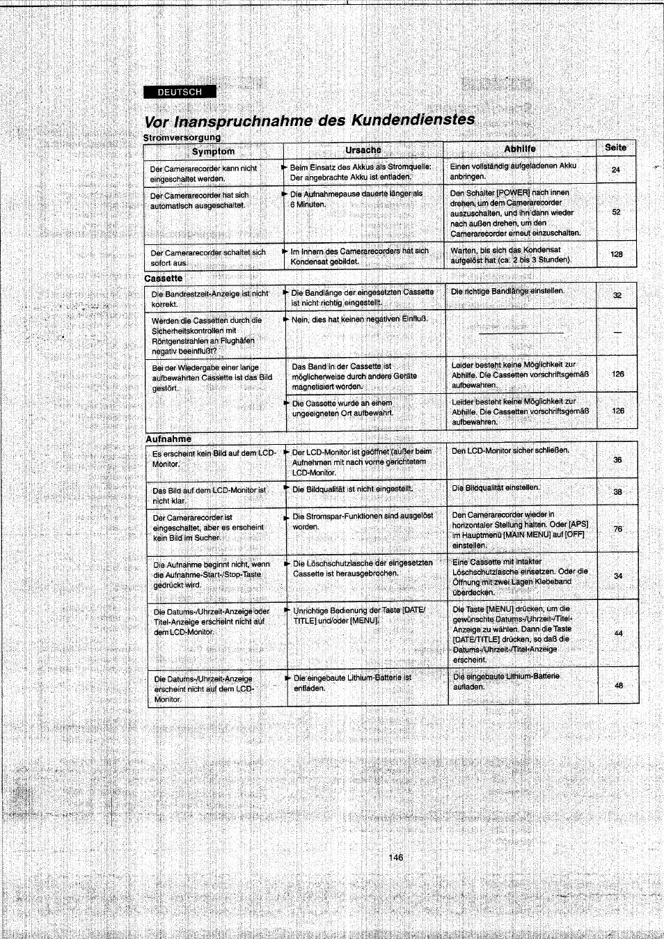 Vor inanspruchnahme des kundendienstes, Abhilfe, Aufnahme | Panasonic NVVX22EG User Manual | Page 146 / 154