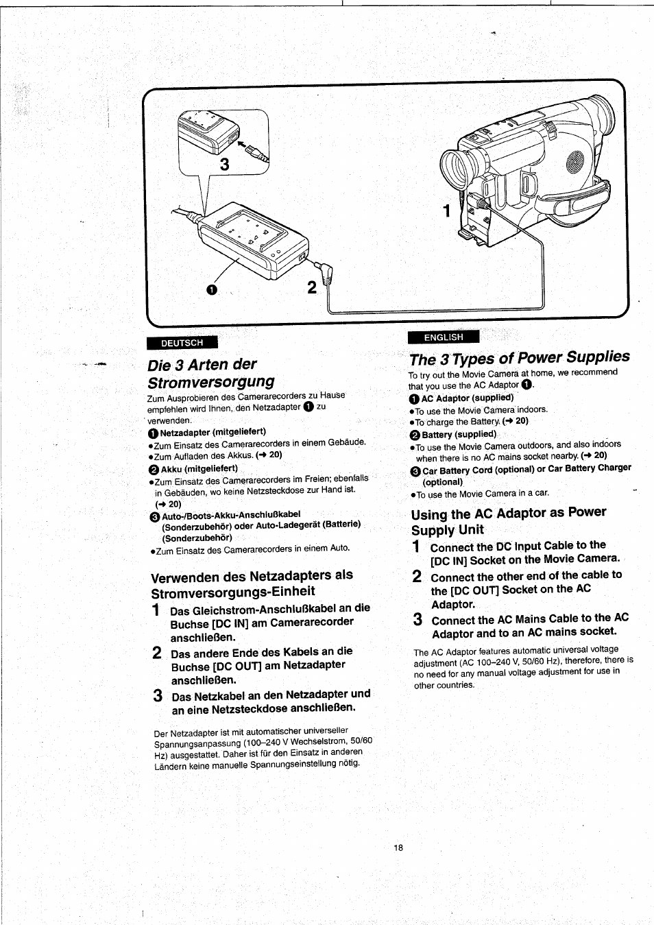 Die 3 arten der stromversorgung, The 3 types of power supplies, Using the ac adaptor as power supply unit | Panasonic NVVX22EG User Manual | Page 18 / 154