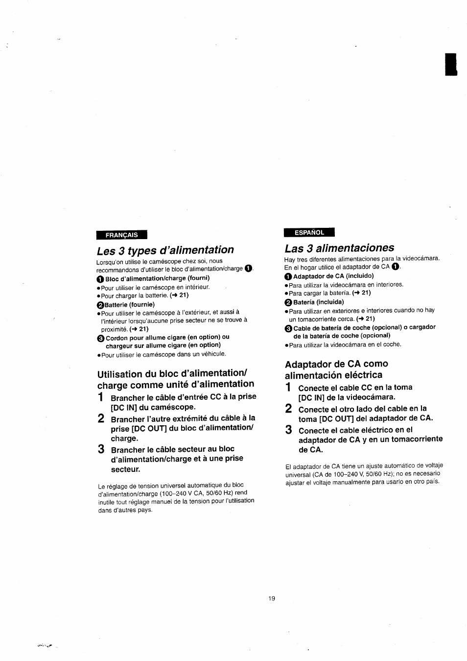 Les 3 types d’alimentation, Las 3 alimentaciones, Adaptador de ca como alimentación eléctrica | Panasonic NVVX22EG User Manual | Page 19 / 154