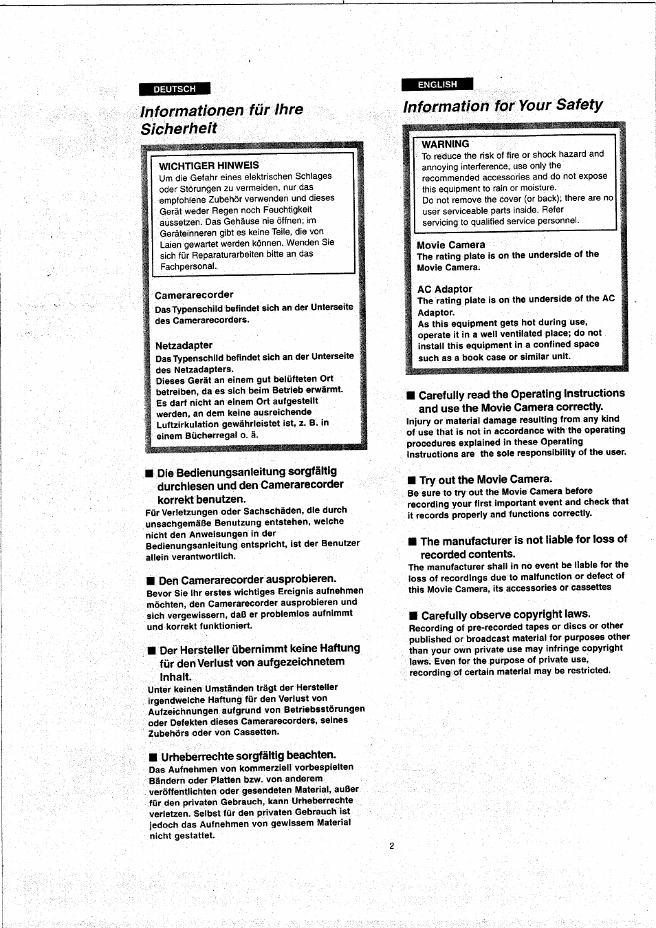 Informationen für ihre sicherheit, Information for your safety | Panasonic NVVX22EG User Manual | Page 2 / 154