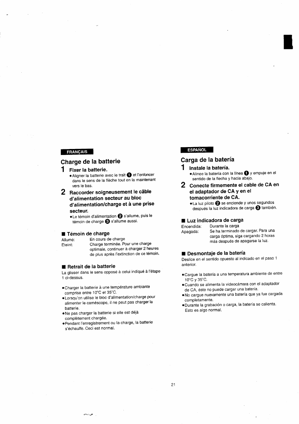 Charge de la batterie, Carga de la batería | Panasonic NVVX22EG User Manual | Page 21 / 154