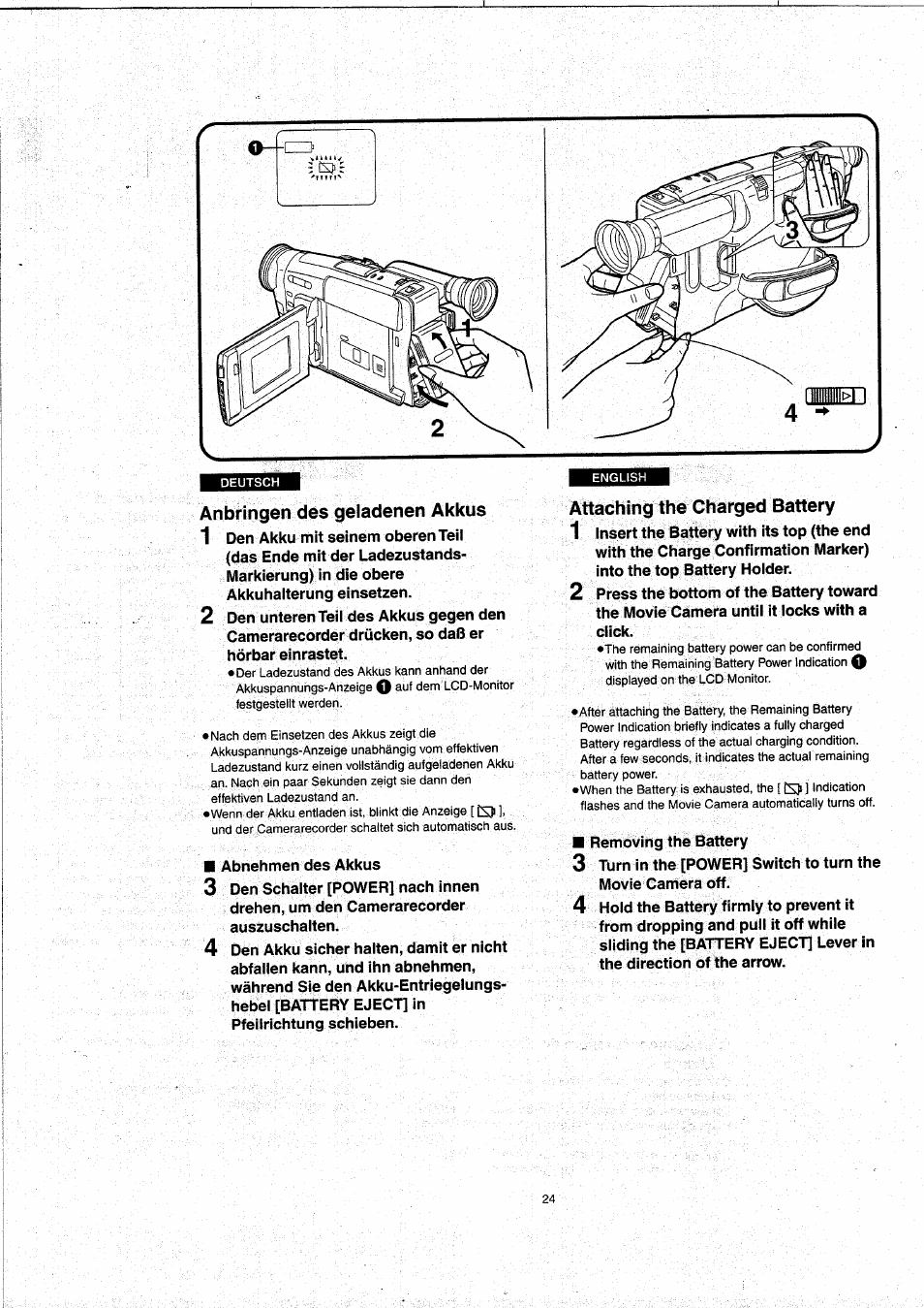 Anbringen des geladenen akkus, Attaching the charged battery | Panasonic NVVX22EG User Manual | Page 24 / 154