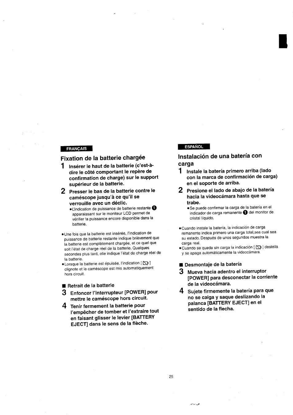 Fixation de la batterie chargée, Instalación de una batería con carga, Fixation de | Batterie chargée | Panasonic NVVX22EG User Manual | Page 25 / 154