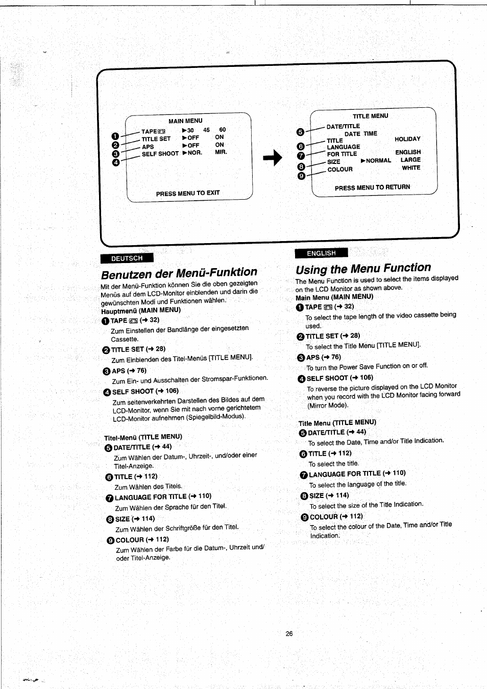 Benutzen der menü-funktion, Using the menu function | Panasonic NVVX22EG User Manual | Page 26 / 154