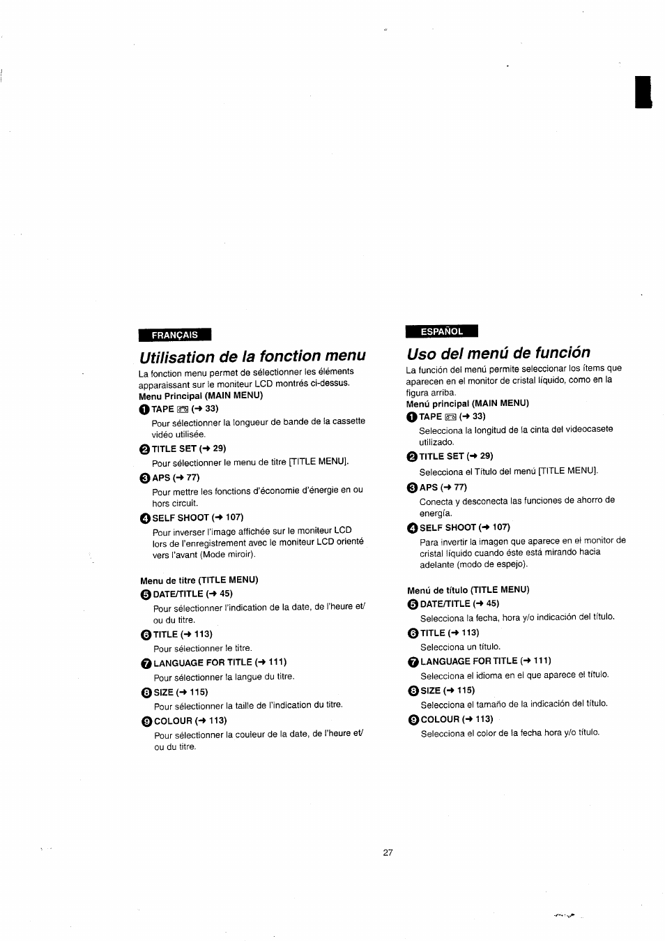 Utilisation de ia fonction menu, Uso del menú de función, Utilisation de la fonction menu | Panasonic NVVX22EG User Manual | Page 27 / 154