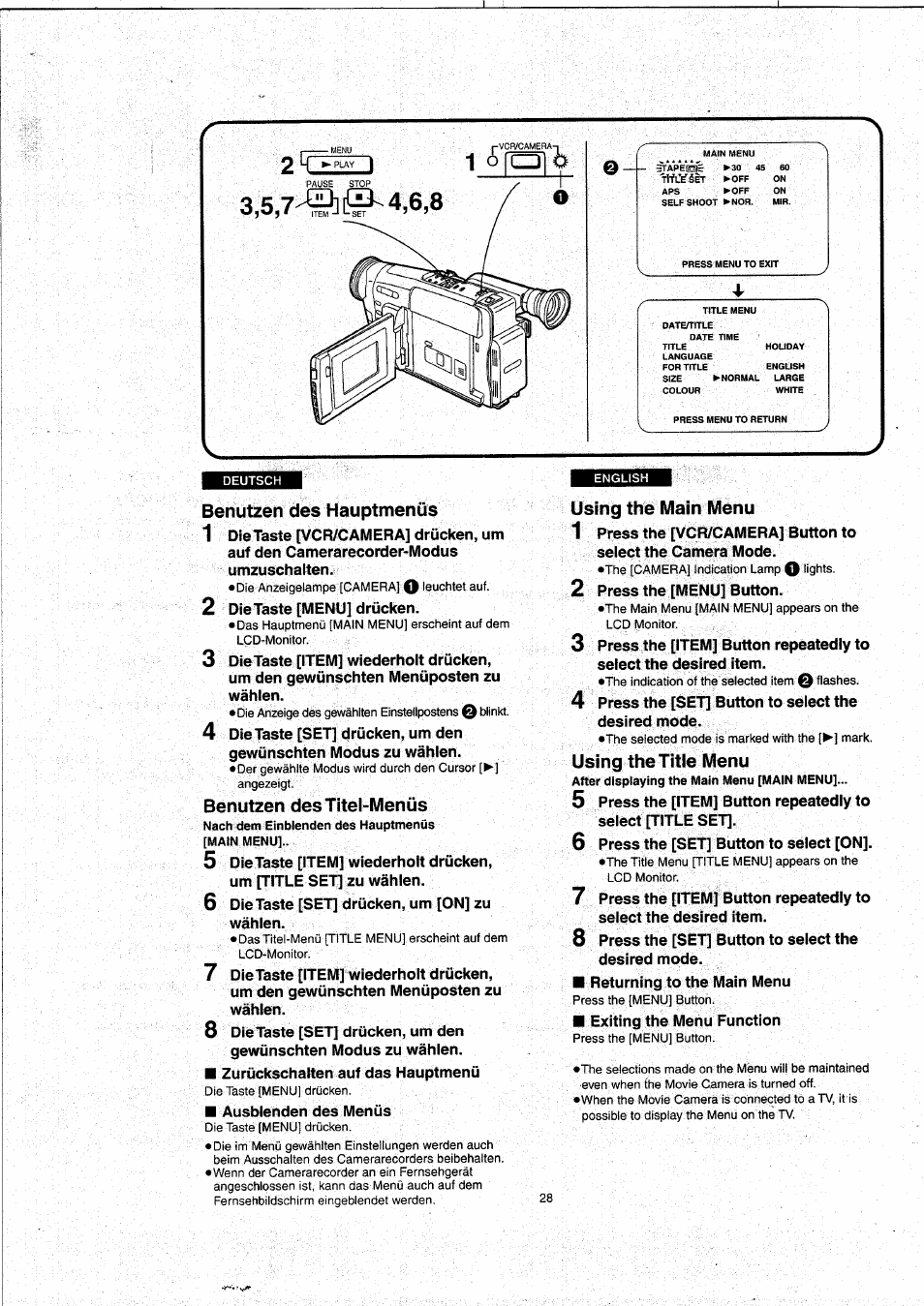 Benutzen des hauptmenüs, Benutzen des titel-menüs, Using the main menu | Using the title menu, Using the main menu • using the title menu | Panasonic NVVX22EG User Manual | Page 28 / 154