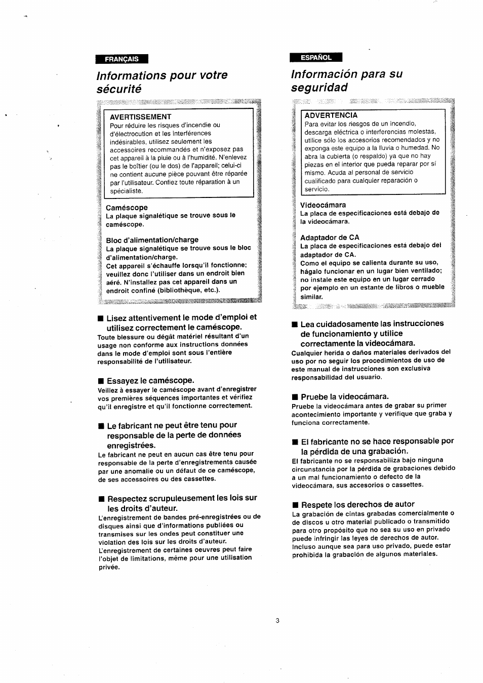 Informations pour votre sécurité, Información para su seguridad, Caméscope | Bloc d’aiimentation/charge, Videocámara, Adaptador de ca | Panasonic NVVX22EG User Manual | Page 3 / 154