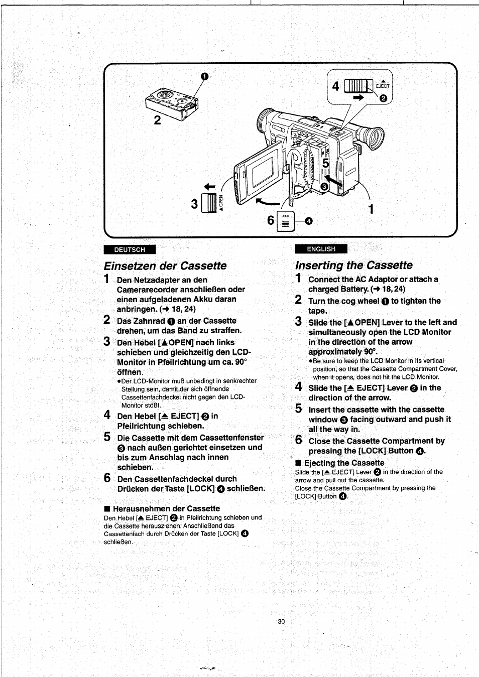 Inserting the cassette, Einsetzen der cassette | Panasonic NVVX22EG User Manual | Page 30 / 154