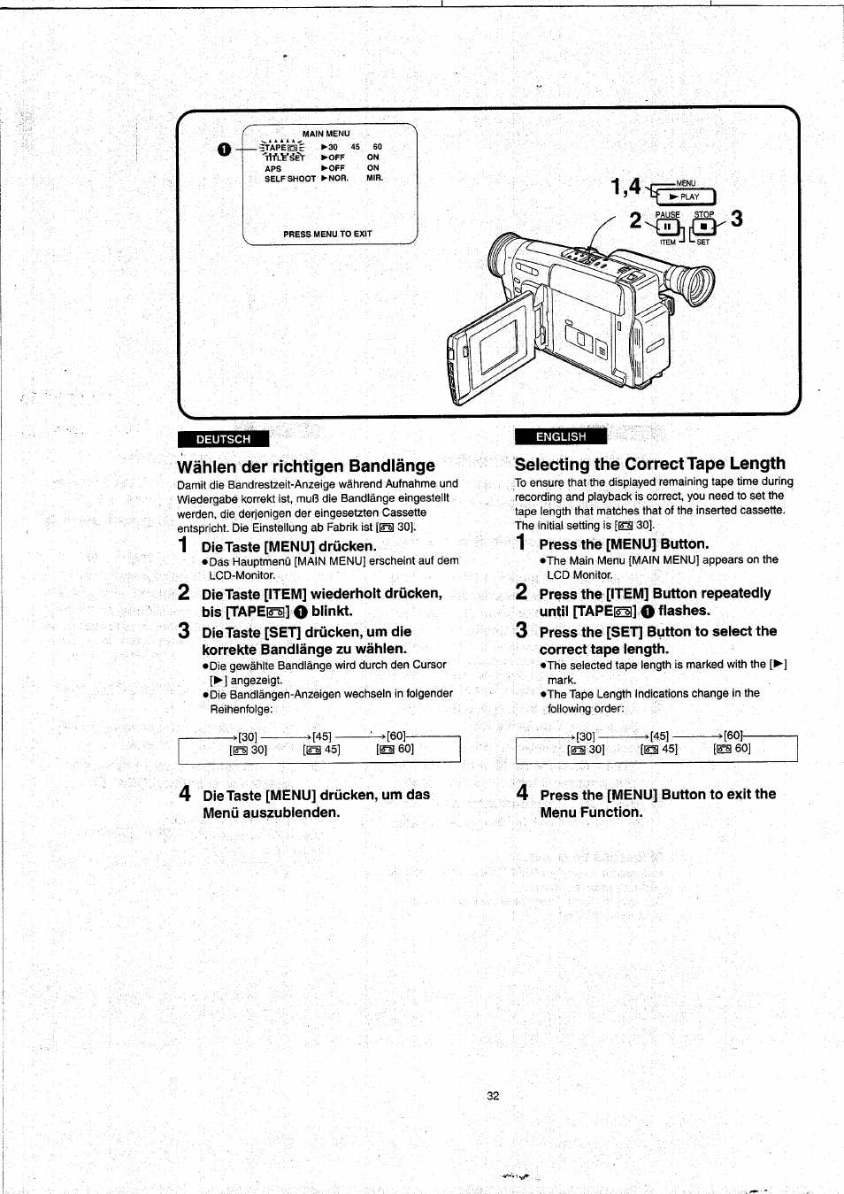 Wählen der richtigen bandiänge, Selecting the correct tape length, Wählen der richtigen bandlänge | Selecting the correcttape length | Panasonic NVVX22EG User Manual | Page 32 / 154