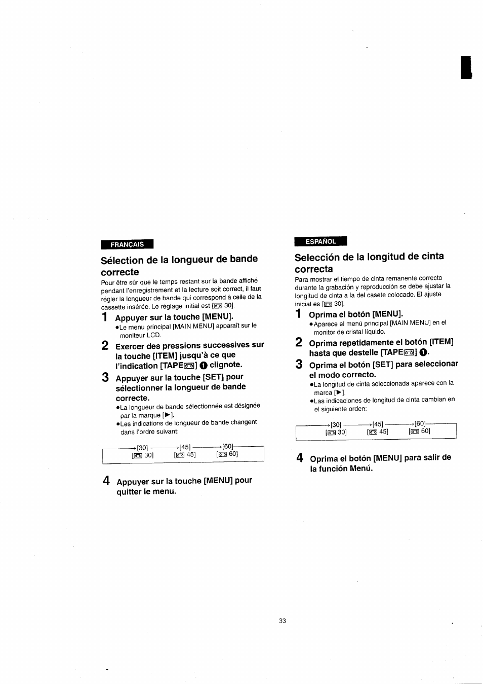 Sélection de la longueur de bande correcte, Selección de la longitud de cinta correcta | Panasonic NVVX22EG User Manual | Page 33 / 154