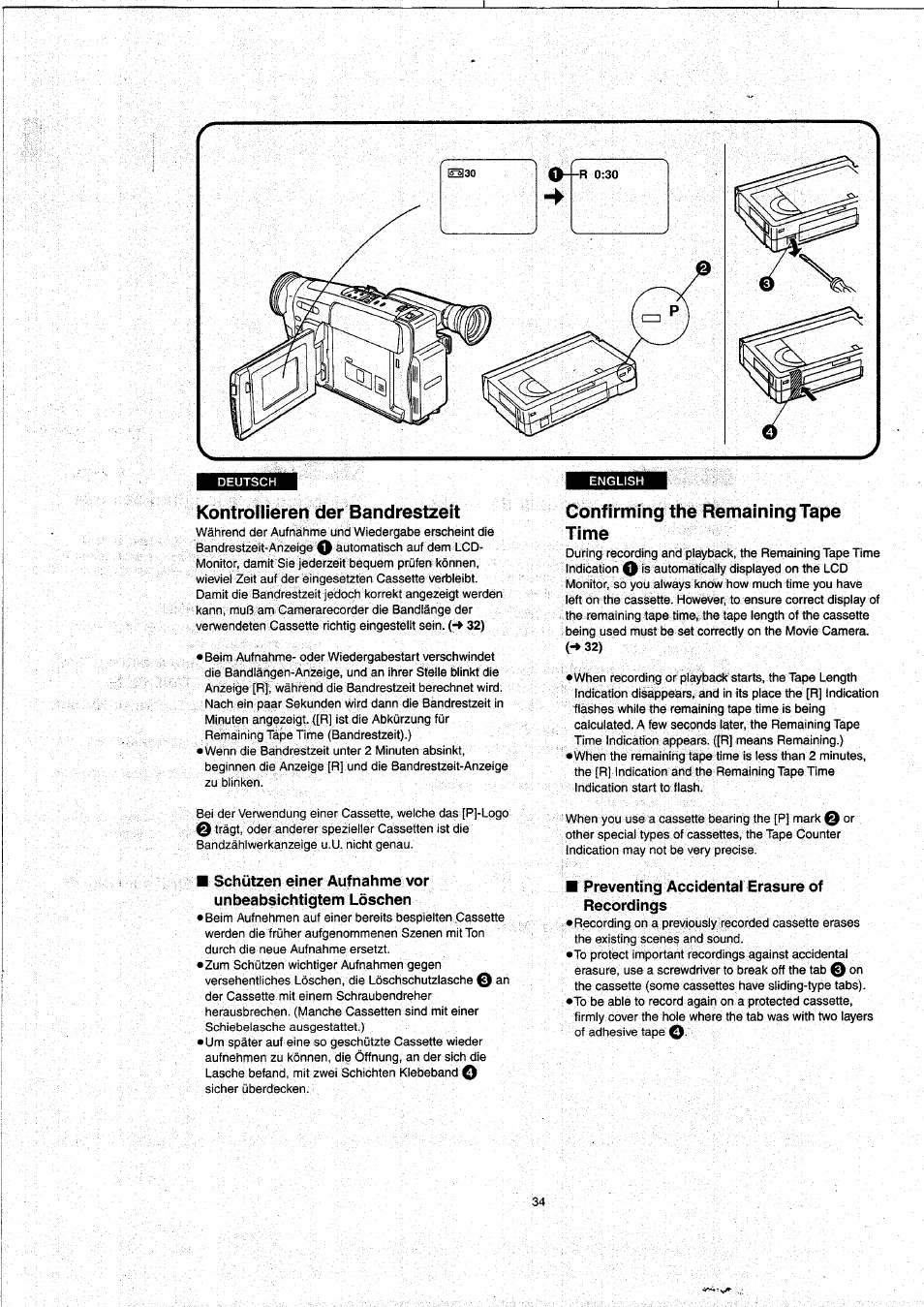 Kontrollieren der bandrestzeit, Confirming the remaining tape time, Preventing accidental erasure of recordings | Panasonic NVVX22EG User Manual | Page 34 / 154