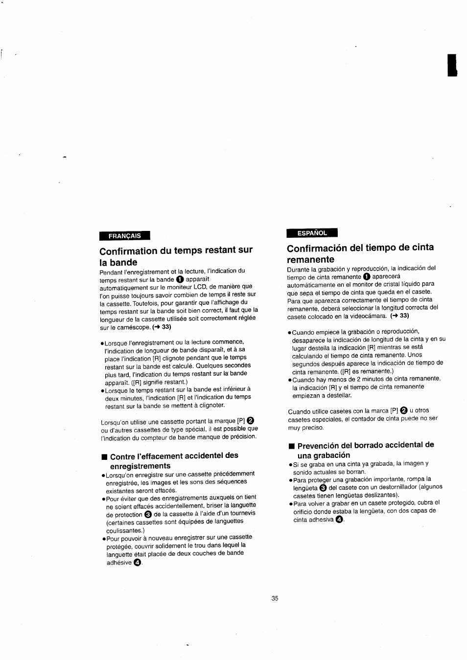 Confirmation du temps restant sur la bande, Contre l’effacement accidentel des enregistrements, Confirmación dei tiempo de cinta remanente | Prevención del borrado accidental de una grabación | Panasonic NVVX22EG User Manual | Page 35 / 154