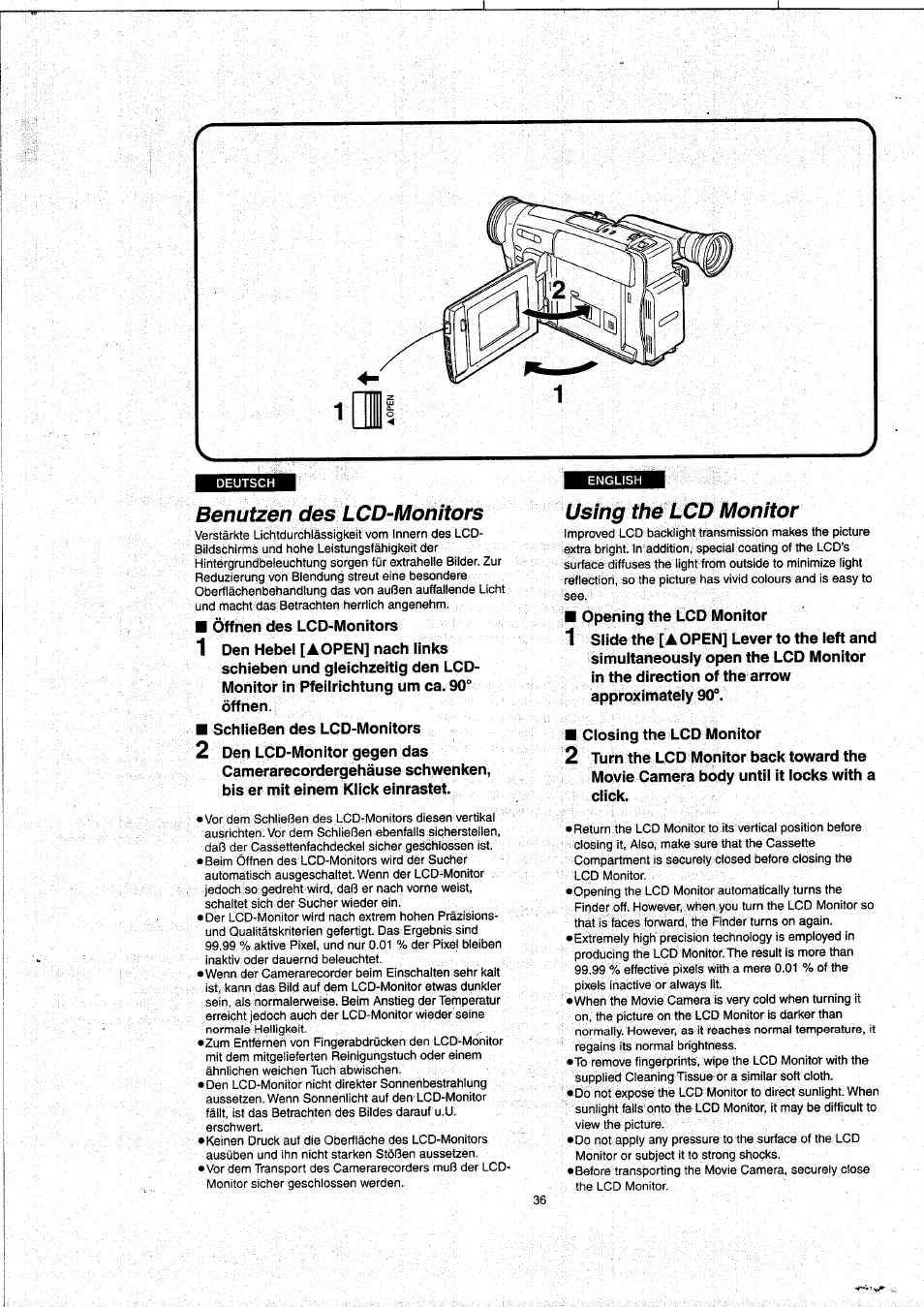 Benutzen des lcd-monitors, Us/ng the lcd monitor, Using the lcd monitor | Us/ng, The lcd monitor | Panasonic NVVX22EG User Manual | Page 36 / 154