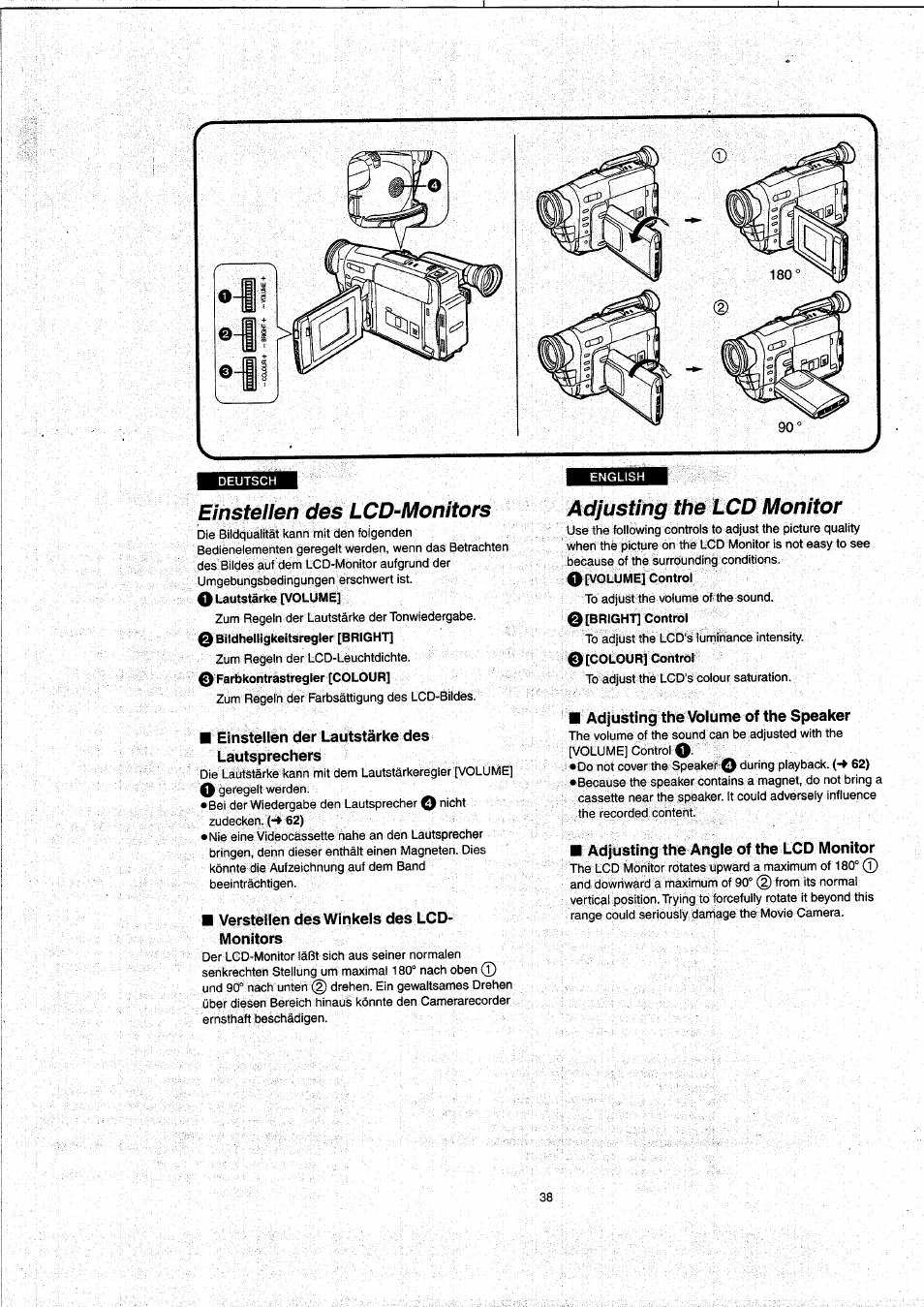 Einstellen des lcd-monitors, Einstellen der lautstärke des lautsprechers, Verstellen des winkels des lcd- monitors | Adjusting the lcd monitor, Adjusting the volume of the speaker, Adjusting the angle of the lcd monitor, Einsteiien des lco-monitors | Panasonic NVVX22EG User Manual | Page 38 / 154