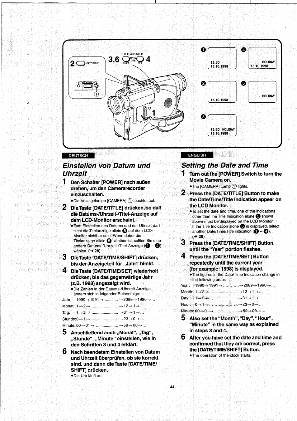 Einstellen von datum und uhrzeit, Setting the date and time | Panasonic NVVX22EG User Manual | Page 44 / 154