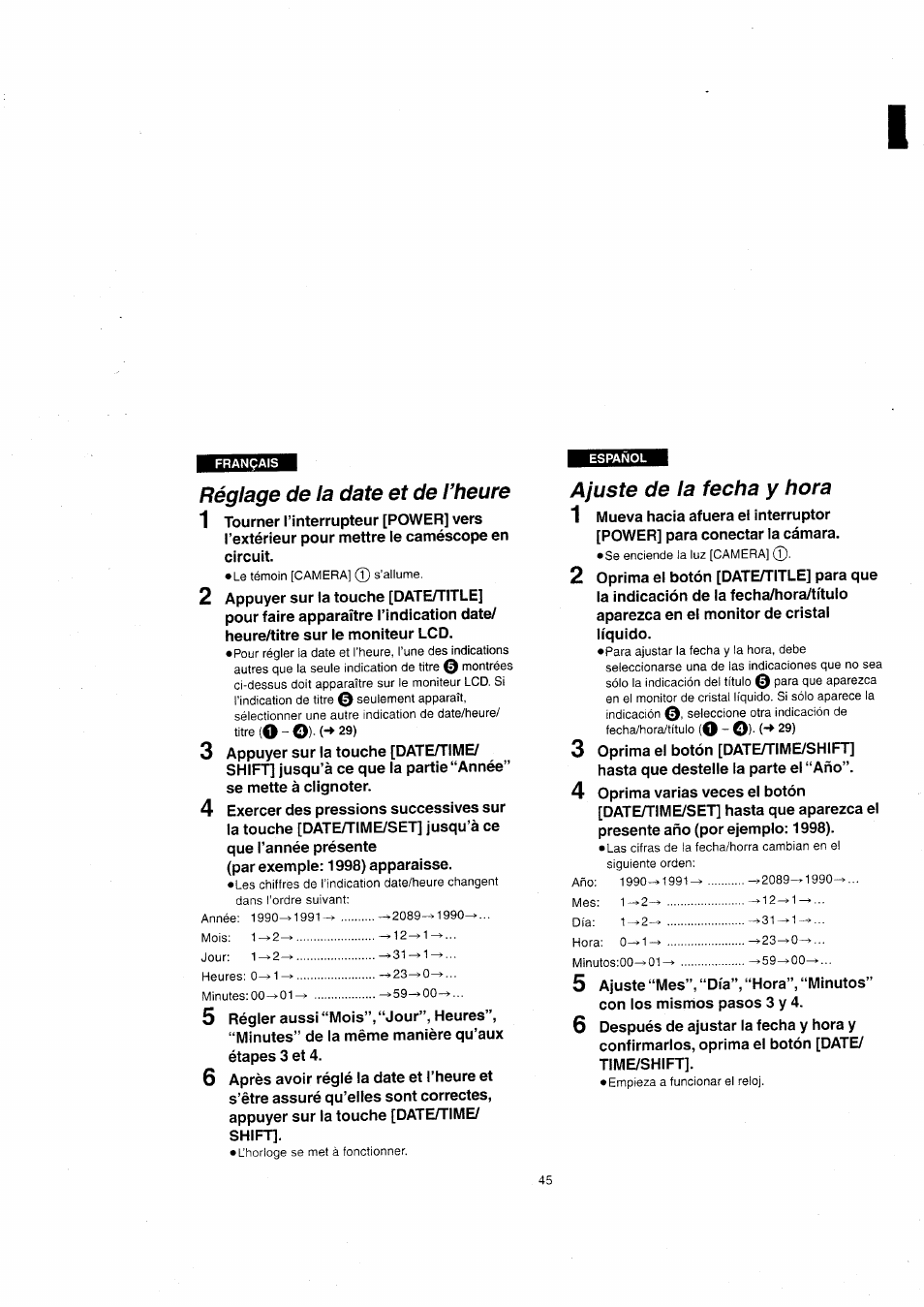 Réglage de la date et de l’heure, Ajuste de la fecha y hora | Panasonic NVVX22EG User Manual | Page 45 / 154