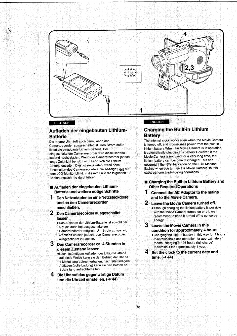 Aufladen der eingebauten lithium- batterie, Charging the built-in lithium battery, Aufladen der eingebauten lithium-batterie | Panasonic NVVX22EG User Manual | Page 48 / 154