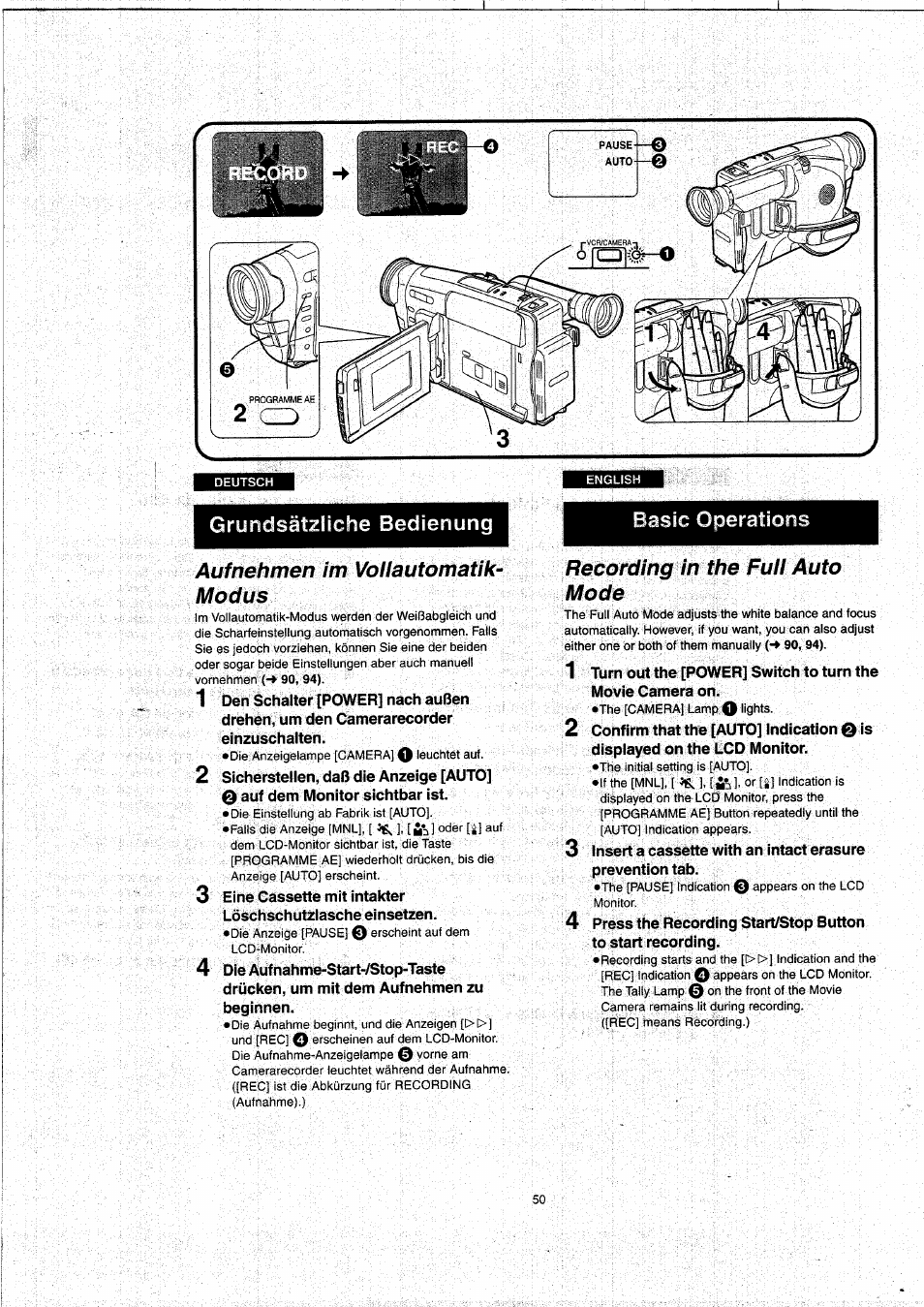 Grundsätzliche bedienung, Basic operations, Aufnehmen im vollautomatik- modus | Recording in the full auto mode, Aufnehmen im vollautomatik-modus | Panasonic NVVX22EG User Manual | Page 50 / 154