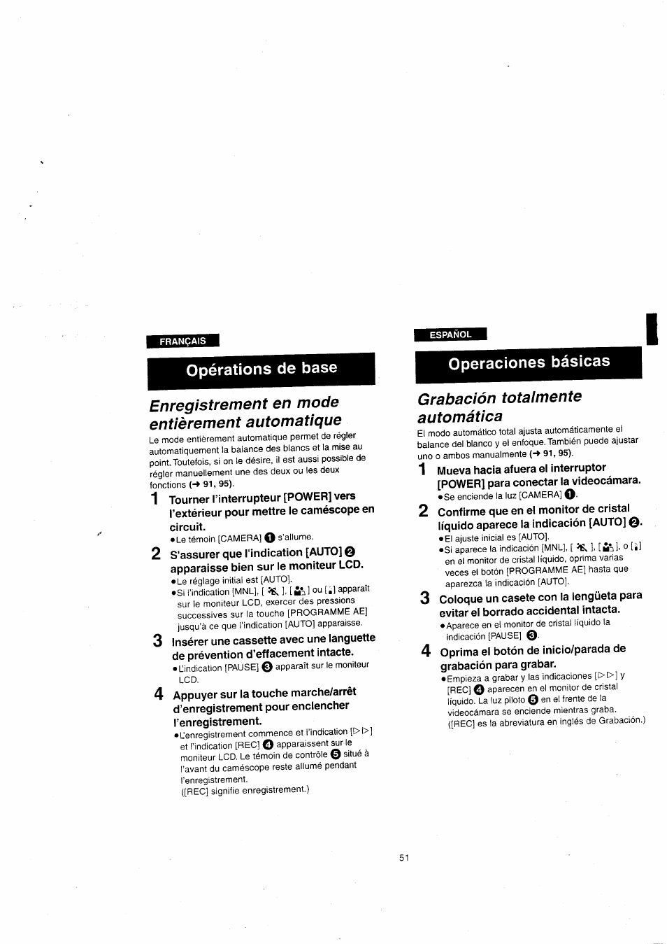 Opérations de base, Operaciones básicas, Enregistrement en mode entièrement automatique | Grabación totalmente automática | Panasonic NVVX22EG User Manual | Page 51 / 154