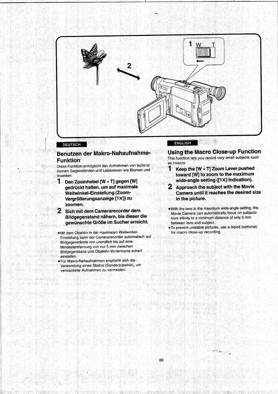 Benutzen der makro-nahaufnahme- funktion, Using the macro close-up function | Panasonic NVVX22EG User Manual | Page 60 / 154