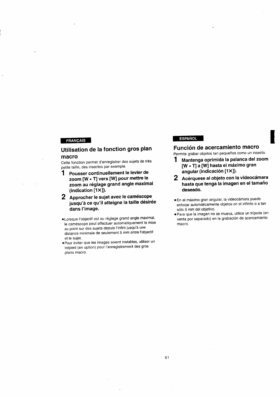 Utilisation de la fonction gros plan macro, Función de acercamiento macro | Panasonic NVVX22EG User Manual | Page 61 / 154