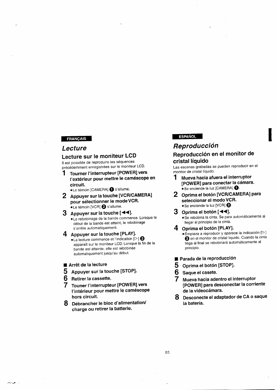 Lecture, Lecture sur le moniteur lcd, Reproducción | Reproducción en el monitor de cristal líquido | Panasonic NVVX22EG User Manual | Page 63 / 154