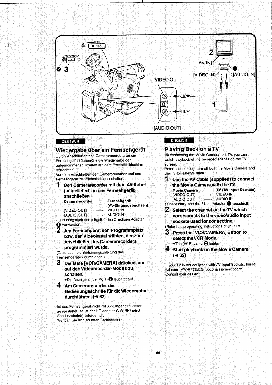 Wiedergabe über ein fernsehgerät, Playing back on a tv | Panasonic NVVX22EG User Manual | Page 66 / 154