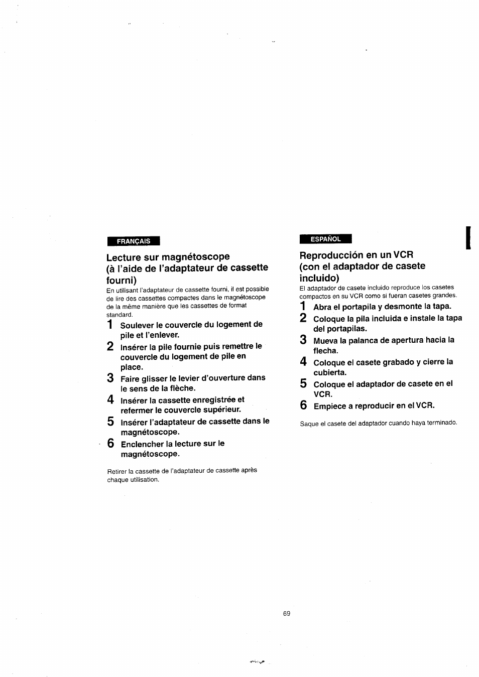 Lecture sur magnétoscope, À l’aide de l’adaptateur de cassette, Fourni) | À l’aide de l’adaptateur de cassette fourni) | Panasonic NVVX22EG User Manual | Page 69 / 154