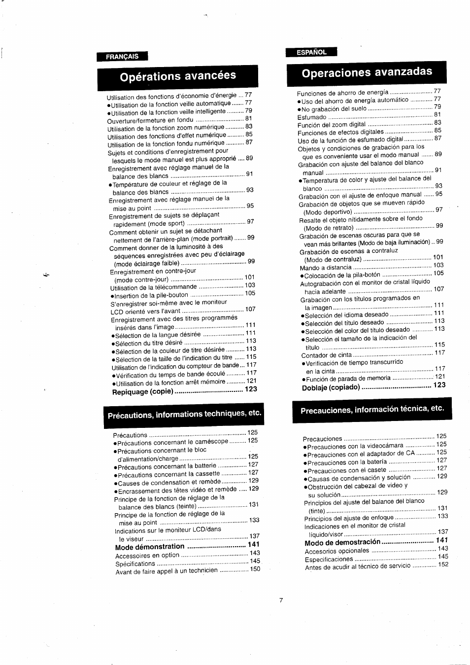 Opérations avancées, Operaciones avanzadas, Opérations avancées operaciones avanzadas | Panasonic NVVX22EG User Manual | Page 7 / 154