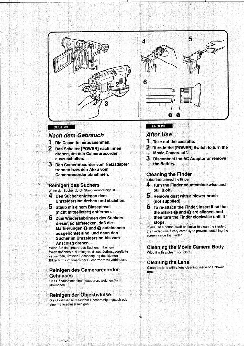 Nach dem gebrauch, Reinigen des suchers, Reinigen des camerarecorder- gehäuses | Reinigen der objektivlinse, After use, Gleaning the finder, Cleaning the movie camera body, Cleaning the lens, Gleaning the movie camera body | Panasonic NVVX22EG User Manual | Page 74 / 154