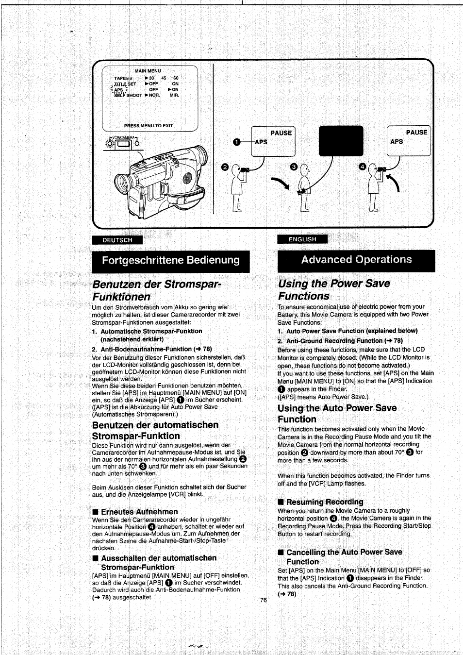 Fortgeschrittene bedienung, Benutzen der stromspar- funktionen, Benutzen der automatischen stromspar-funktion | Erneutes aufnehmen, Ausschalten der automatischen stromspar-funktion, Using the power save functions, Using the auto power save function, Resuming recording, Cancelling the auto power save function, Benutzen der stromspar-funktionen | Panasonic NVVX22EG User Manual | Page 76 / 154