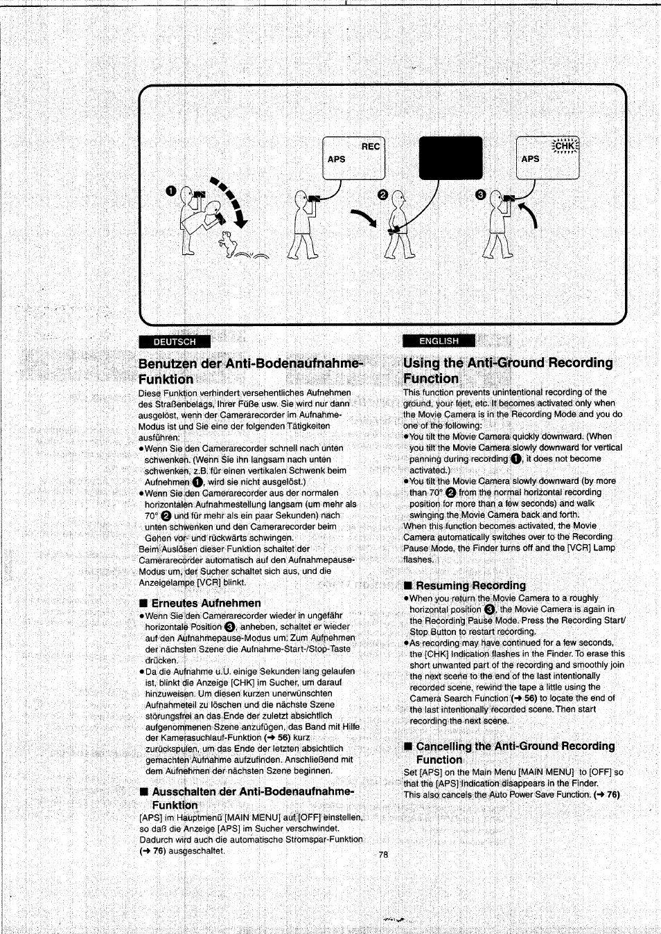 Benutzen der anti-bodenaufnahme- funktion, Erneutes aufnehmen, Ausschalten der anti-bodenaufnahme- funktion | Using the anti-ground recording function, Resuming recording, Cancelling the anti-ground recording function | Panasonic NVVX22EG User Manual | Page 78 / 154