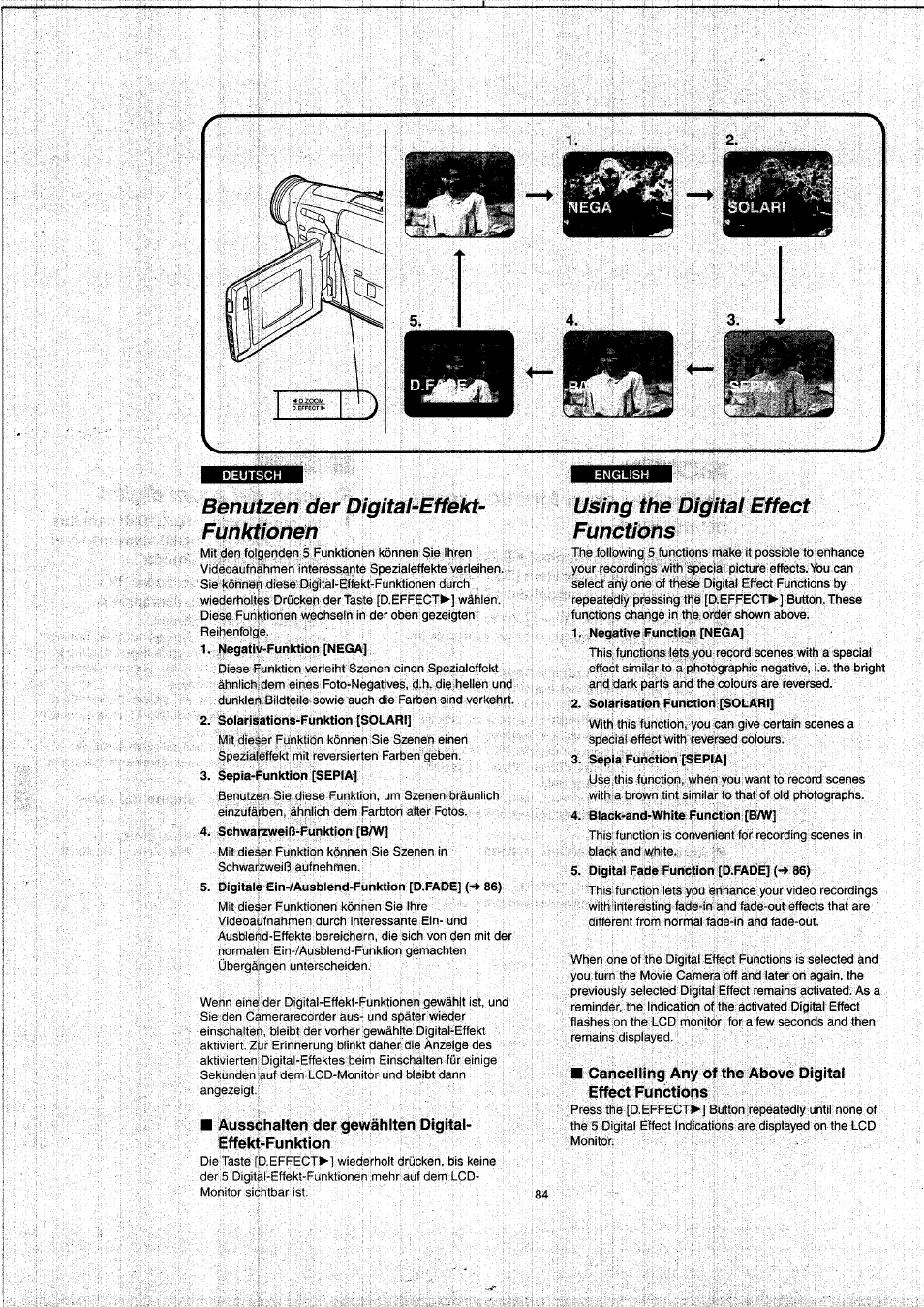 Benutzen der digitaheffekt- funktionen, Ausschalten der gewählten digital- effekt'funktion, Using the digital effect functions | Benutzen der digital-effekt-funktionen | Panasonic NVVX22EG User Manual | Page 84 / 154