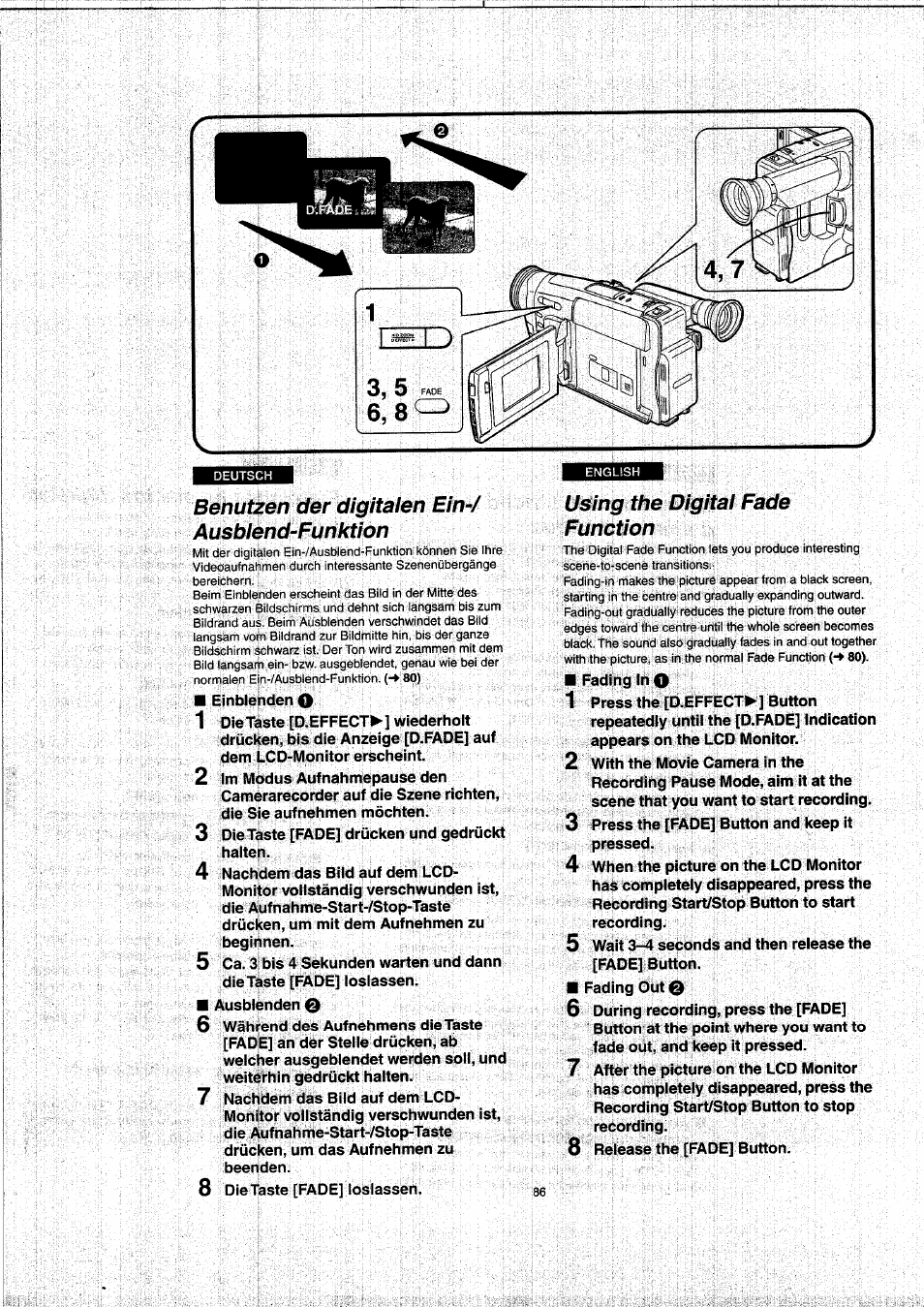 Benutzen der digitalen ein-/ ausblend-funktion, Using the digital fade function | Panasonic NVVX22EG User Manual | Page 86 / 154