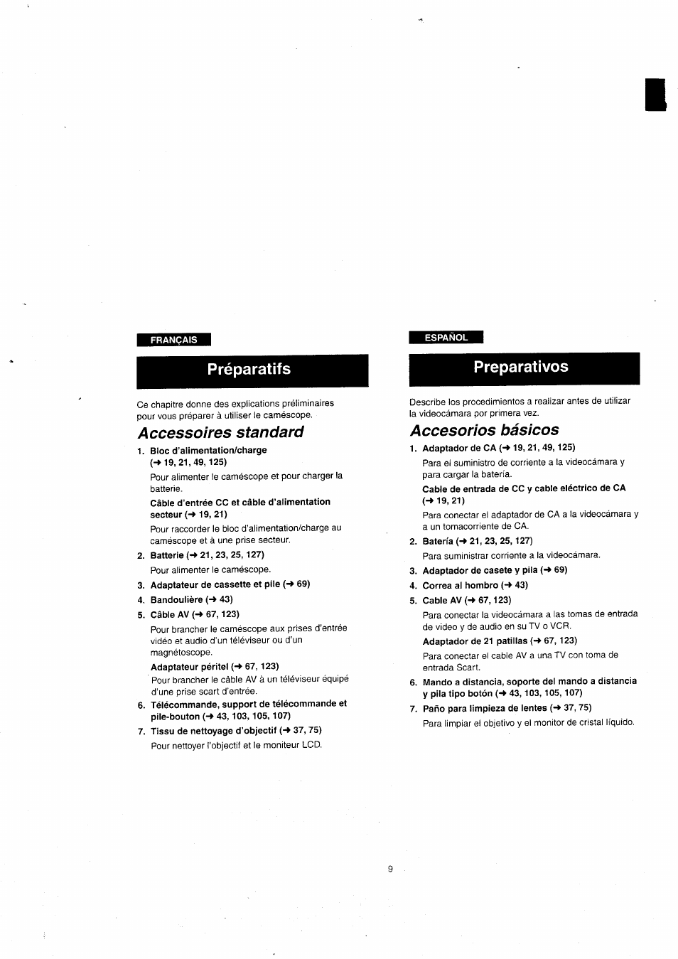 Preparativos, Accessoires standard, Accesorios básicos | Préparatifs preparativos | Panasonic NVVX22EG User Manual | Page 9 / 154