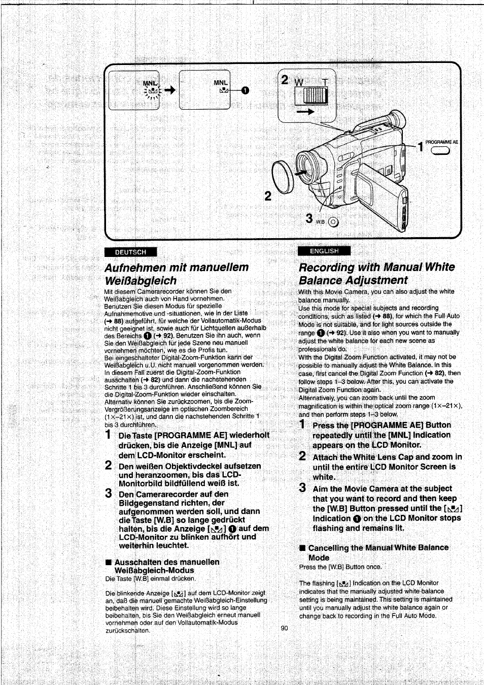 Auf nehmen mit manuellem weißabgleich, Recording with manual white balance adjustment, Aufnehmen mit manuellem weißabgleich | Panasonic NVVX22EG User Manual | Page 90 / 154