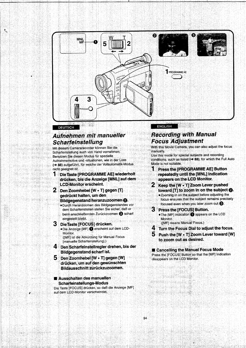 Aufnehmen mit manueller scharfeinstellung, Recording with manual focus adjustment | Panasonic NVVX22EG User Manual | Page 94 / 154